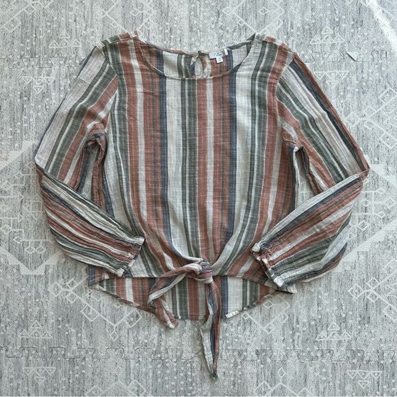 T. Rose Striped Tie Front Linen Bubble Sleeve Scoop Neck Keyhole Back Top Size S - Picture 1 of 15